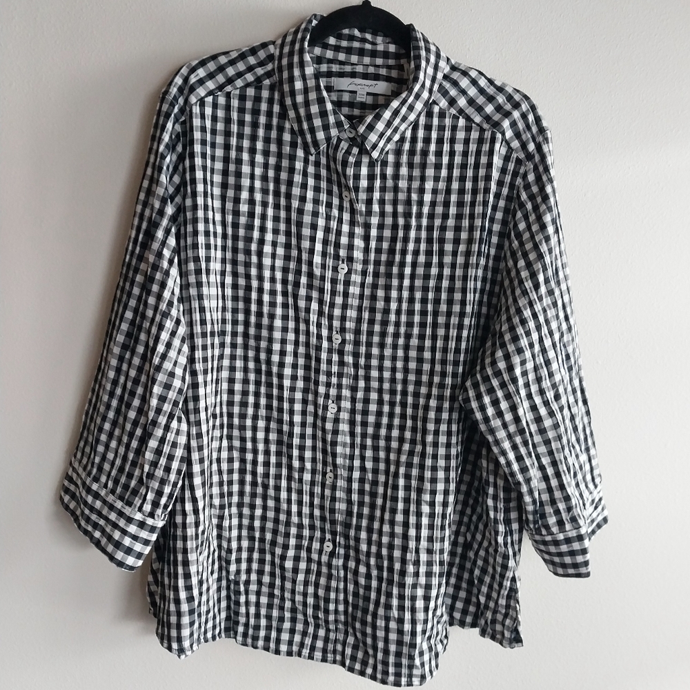 Foxcroft Black and White Gingham 3/4 Sleeve Button Front Shirt
